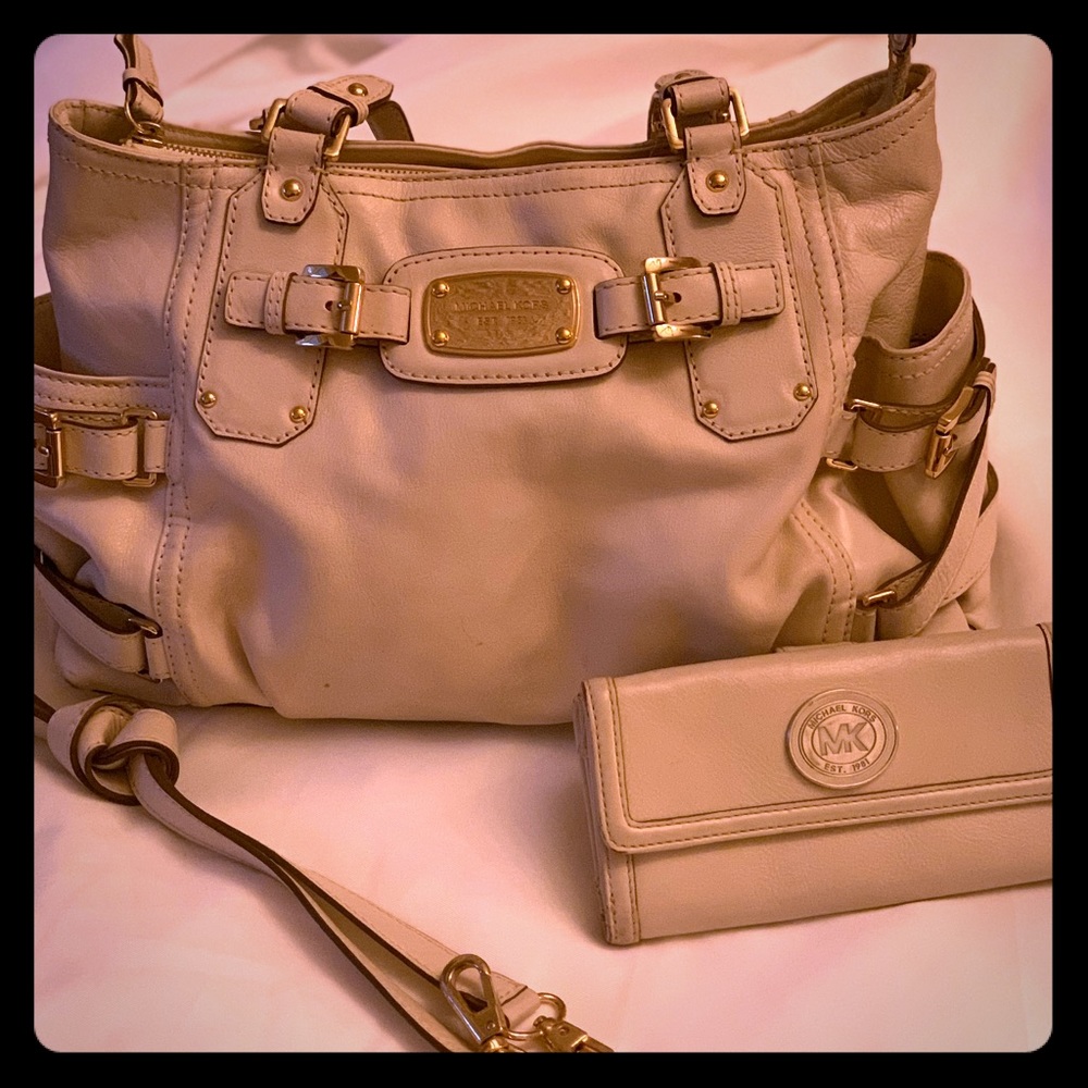 Cream Leather MK Satchel Bag With Strap & Wallet